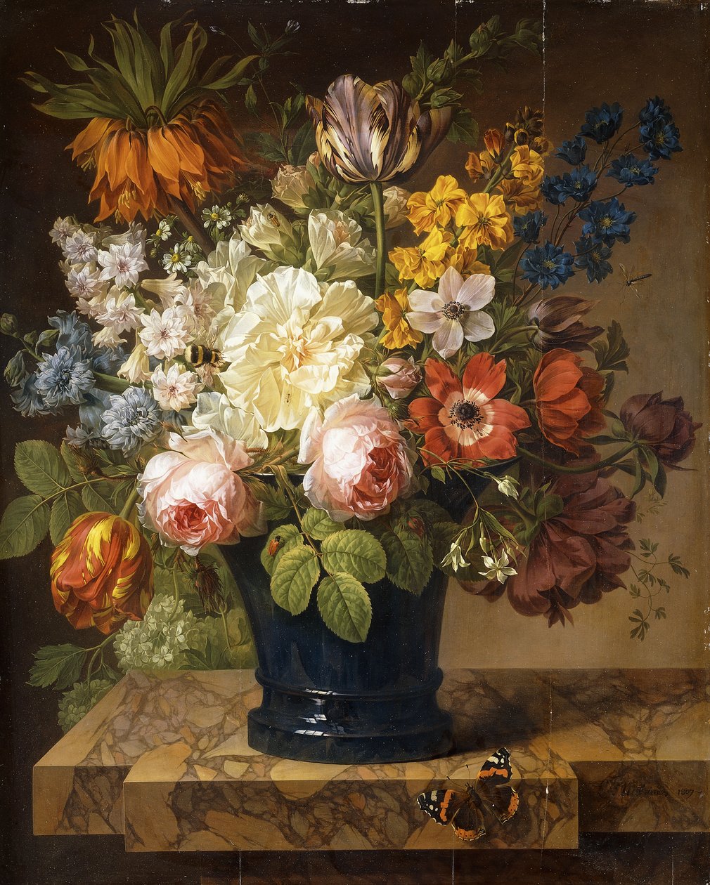 Kwiaty w wazonie na marmurowej półce z czerwonym admirałem, trzmielem, dwoma żukami i ważką, 1807 autorstwa Joseph Laurent Malaine