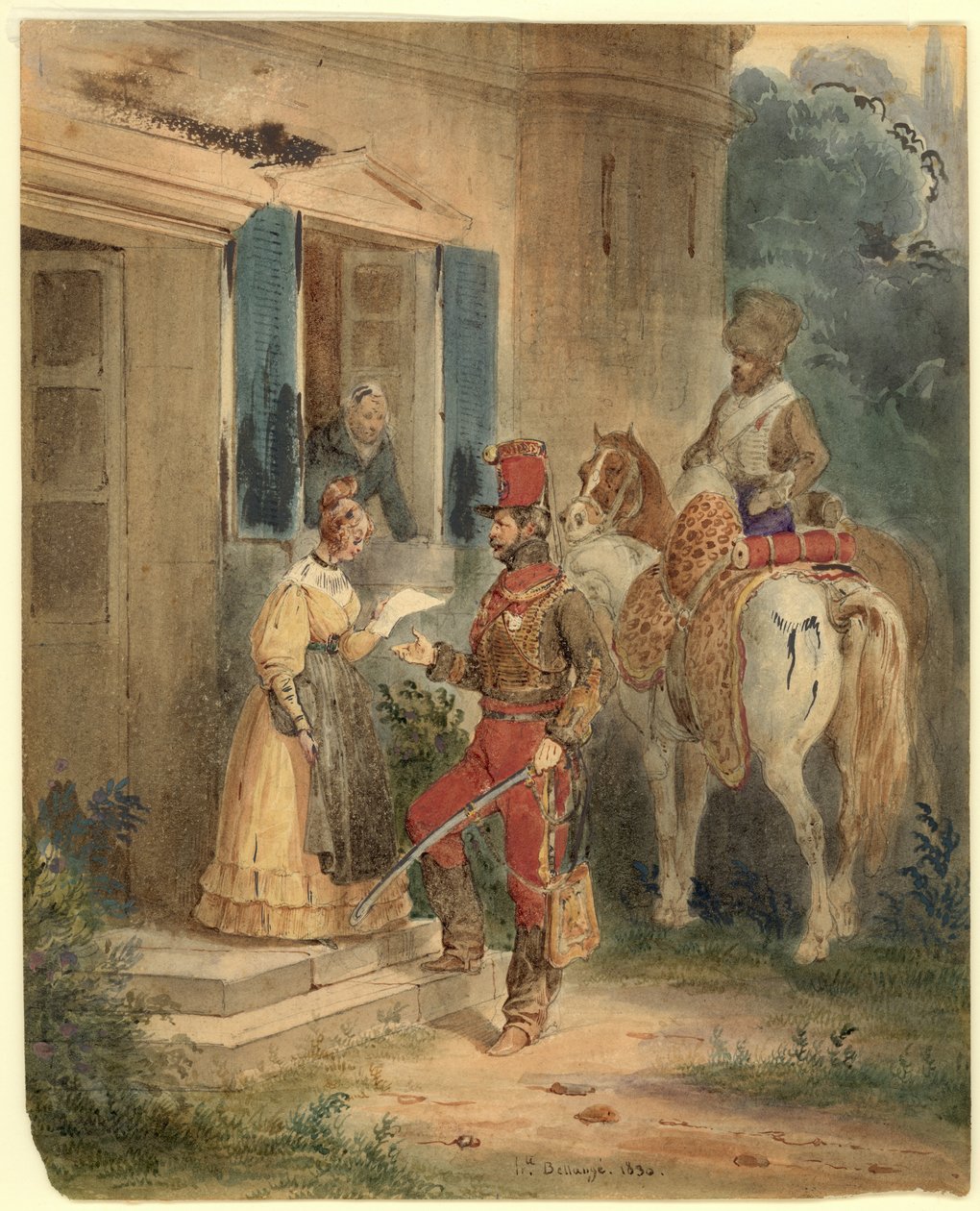 Hussars Delivering News (akwarela i tusz na papierze) autorstwa Joseph Louis Hippolyte Bellange
