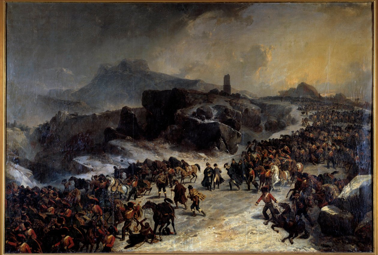Przejście przez Sierra Guadarama (Guadarrama) w Hiszpanii w grudniu 1808 r. Obraz Joseph Louis Hippolyte Bellange (1800-1866) XIX-wieczny Paryż, Muzeum Wojska autorstwa Joseph Louis Hippolyte Bellange