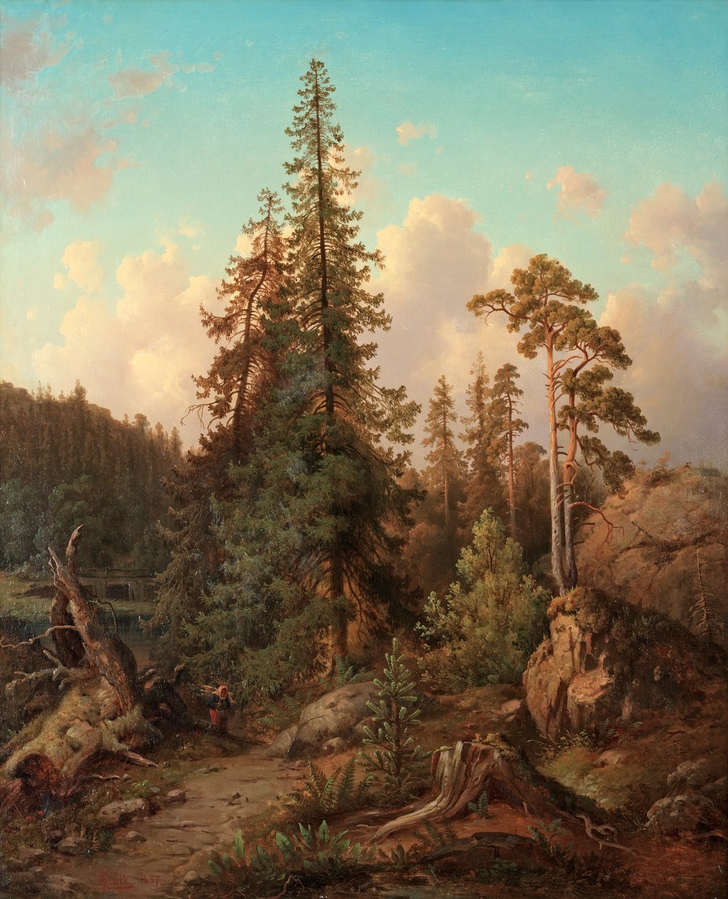 Krajobraz leśny z kobietą zbierającą drewno autorstwa Joseph Magnus Stäck