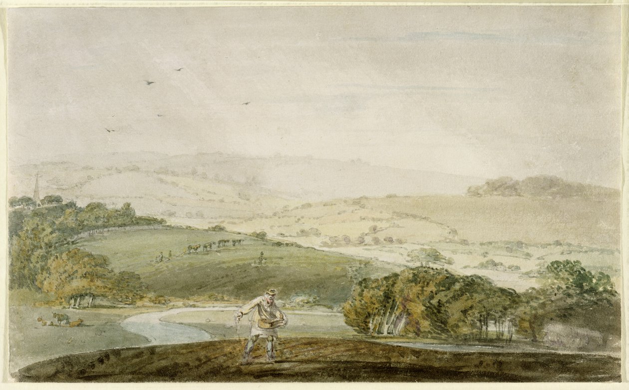 Zasiew rolniczy, z doliną rzeki i wzgórzami za nimi, ok. 1795 r. autorstwa Joseph Mallord William Turner