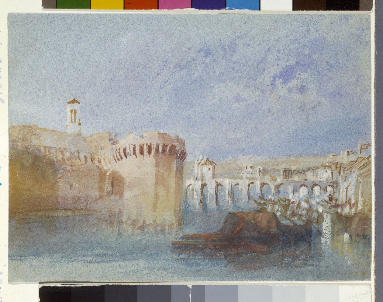 Angers: Mury Doutre z wieżą kościoła La Trinité (akwarela i gwasz na niebieskim papierze) autorstwa Joseph Mallord William Turner
