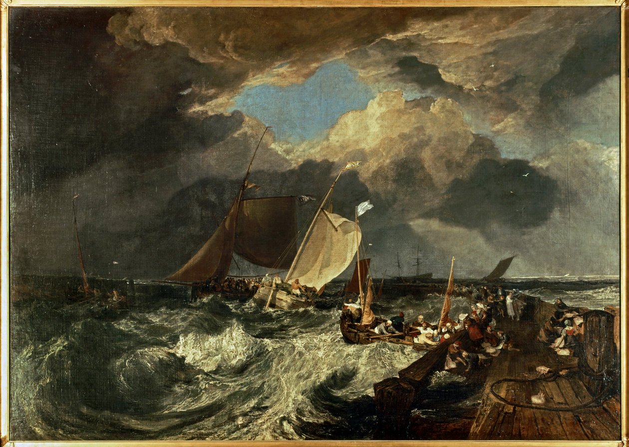 Molo w Calais z francuskimi rybakami przygotowującymi się do wypłynięcia w morze: English Packet Arriving ... (obraz na płótnie) autorstwa Joseph Mallord William Turner