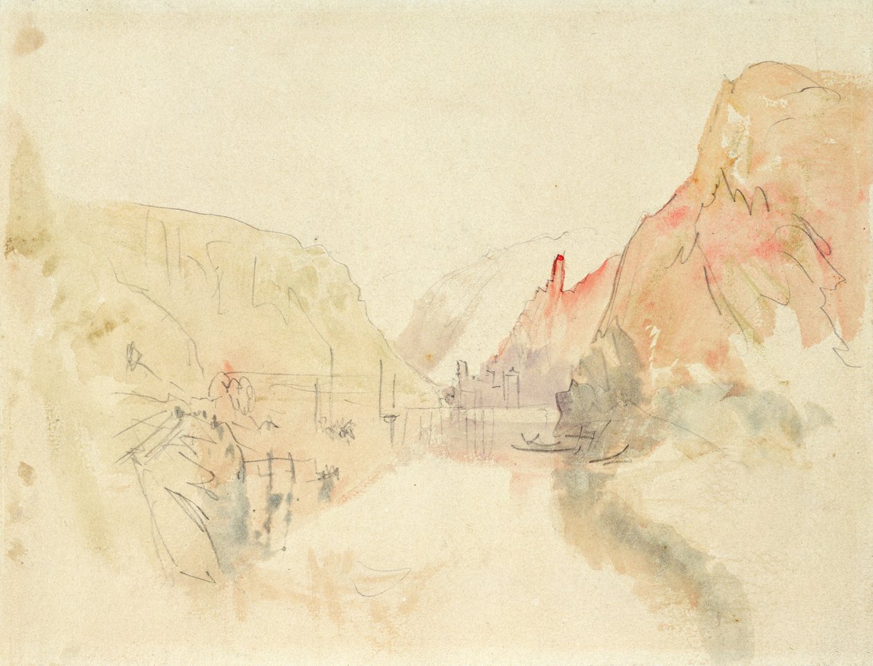 Zamek Traben-Trarbach nad Mozelą, ok. 1844 (ołówek i akwarela na papierze) autorstwa Joseph Mallord William Turner