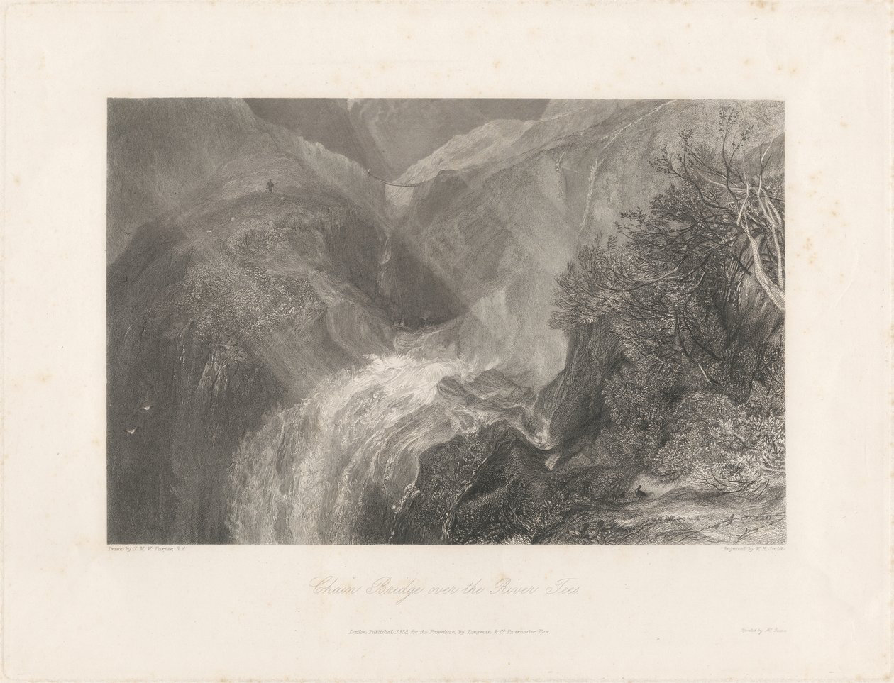 Most Łańcuchowy nad rzeką Tees, 1838 (akwaforta i grawerowanie) autorstwa Joseph Mallord William Turner