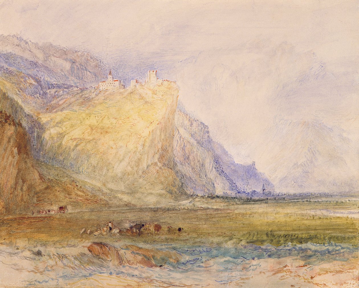 Dolina Domleschg, patrząc na południowy wschód, w stronę zamku Ortenstein, ok. 1853 (akwarela na papierze) autorstwa Joseph Mallord William Turner