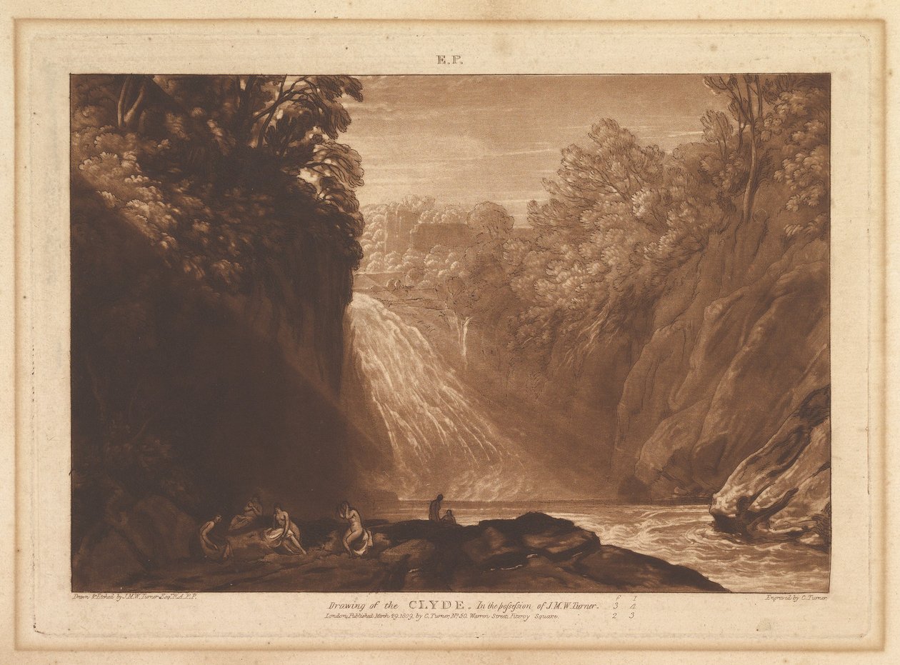 Rysunek Clyde Liber Studiorum, cz. IV, tablica 18, 29 marca 1809. autorstwa Joseph Mallord William Turner