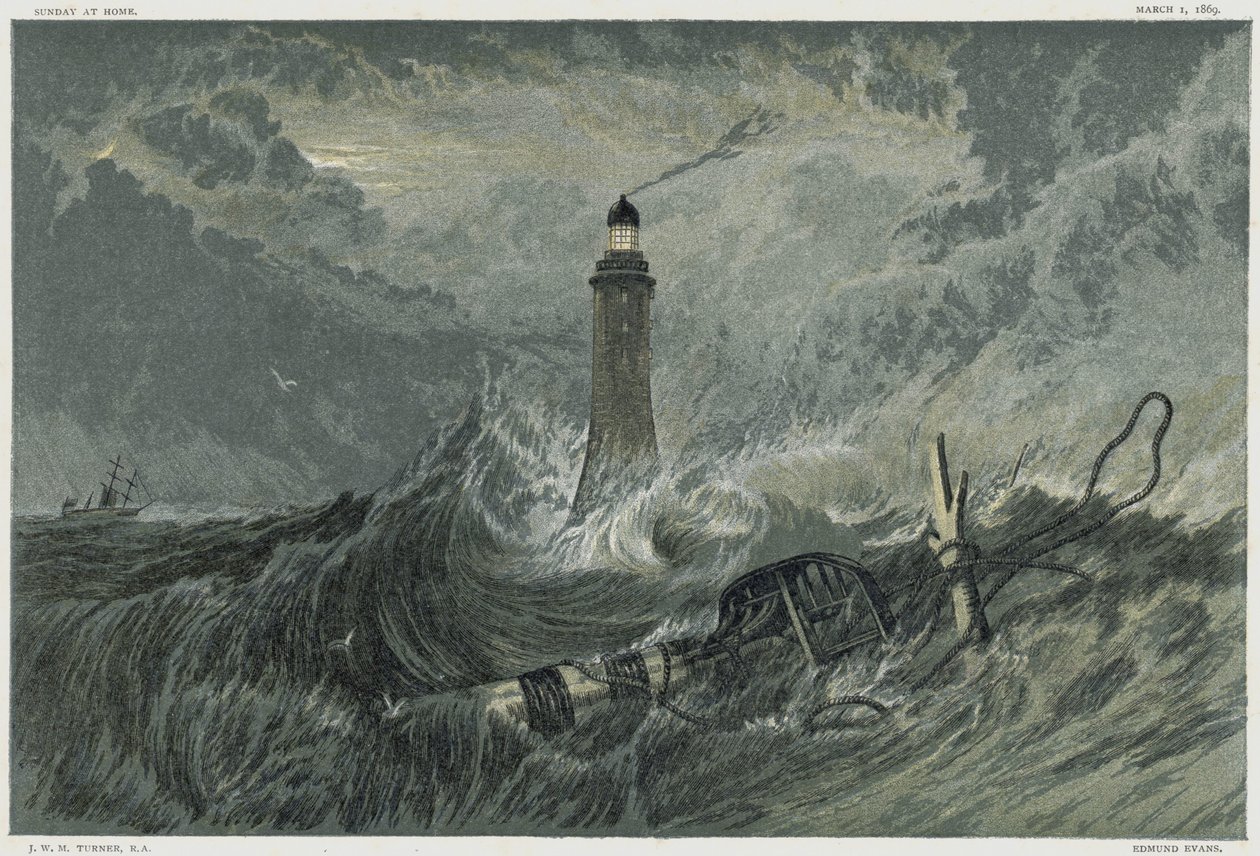 Latarnia morska Eddystone, zbudowana na skale Eddystone przez angielskiego inżyniera Johna Smeatona w latach 1757-1759. Chromolitografia według obrazu JMW Turnera autorstwa Joseph Mallord William Turner