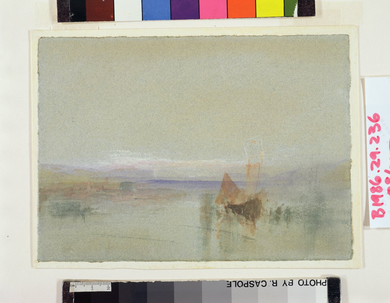 Łodzie rybackie Becalmed off Le Havre (wc i kolor nadwozia na niebieskim papierze) autorstwa Joseph Mallord William Turner
