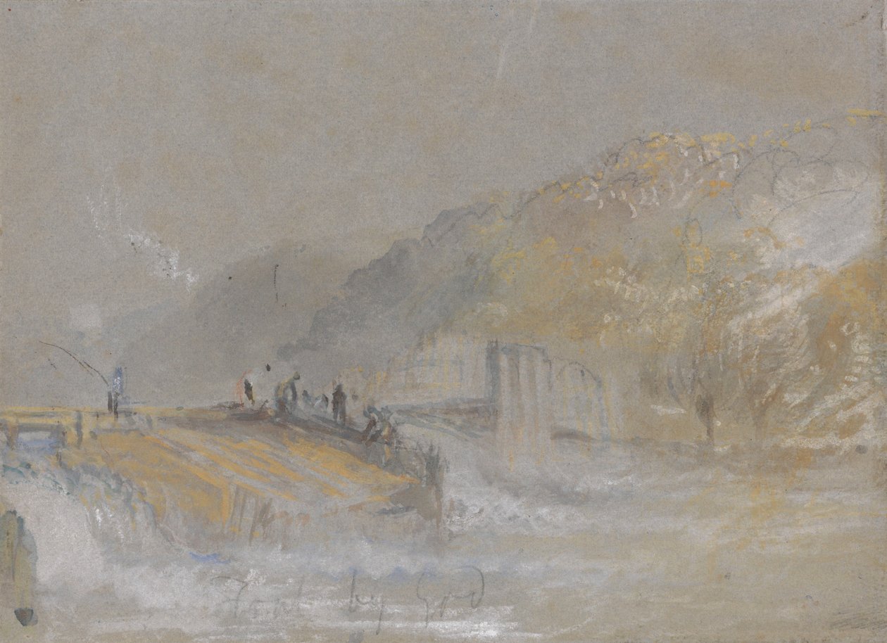 Foul by God: krajobraz rzeczny z wędkarzami łowiącymi z jazu autorstwa Joseph Mallord William Turner