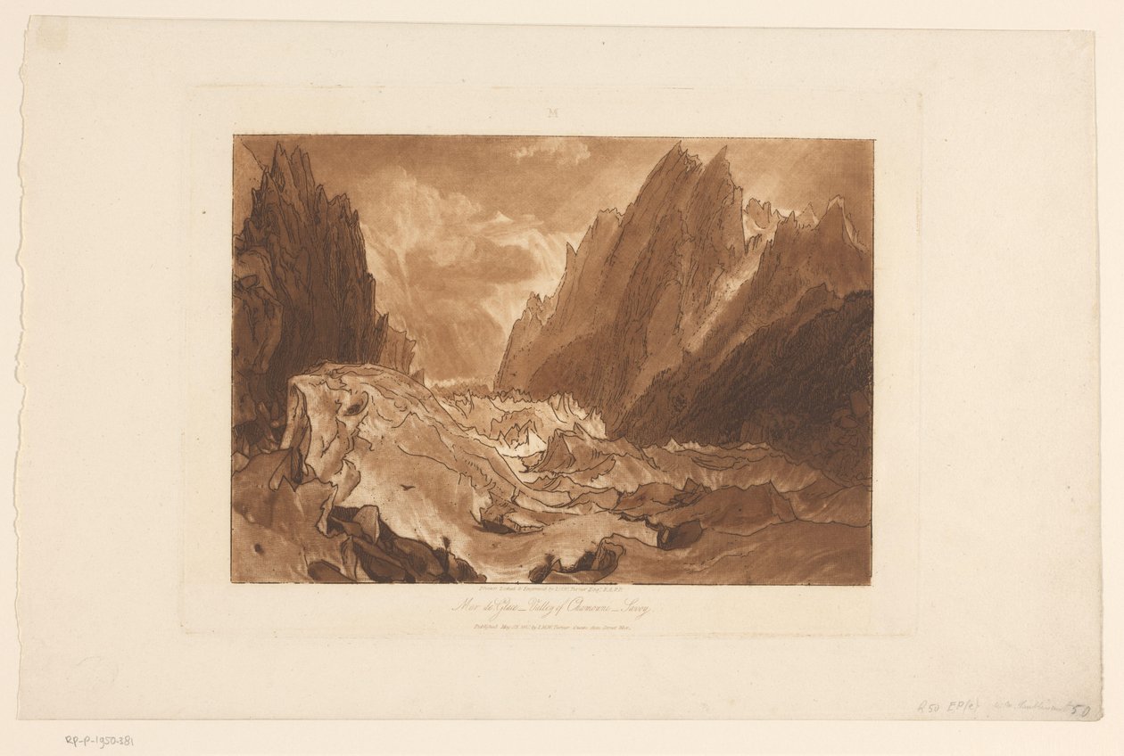 Widok na lodowiec Mer-de-Glace na Mont Blanc Mer de Glace - Dolina Chamouni - Sabaudia (tytuł na obiekcie) Studia krajobrazowe (tytuł serii) Liber Studiorum (tytuł serii) autorstwa Joseph Mallord William Turner
