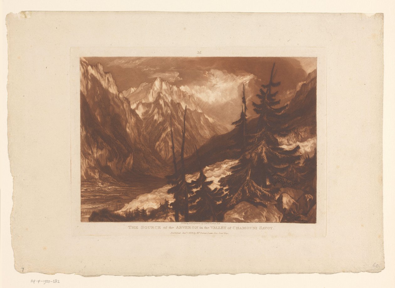 Widok na dolinę Chamonix z rzeką Arveyron Źródło Arveron w dolinie Chamouni Savoy (tytuł na obiekcie) Studia krajobrazowe (tytuł serii) Liber Studiorum (tytuł serii) autorstwa Joseph Mallord William Turner