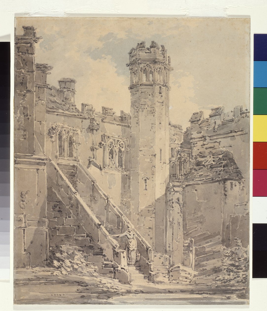 Haddon Hall Near Bakewell, Derbyshire (niebieski i szary tusz rozmywa się po ołówku na białym papierze) autorstwa Joseph Mallord William Turner