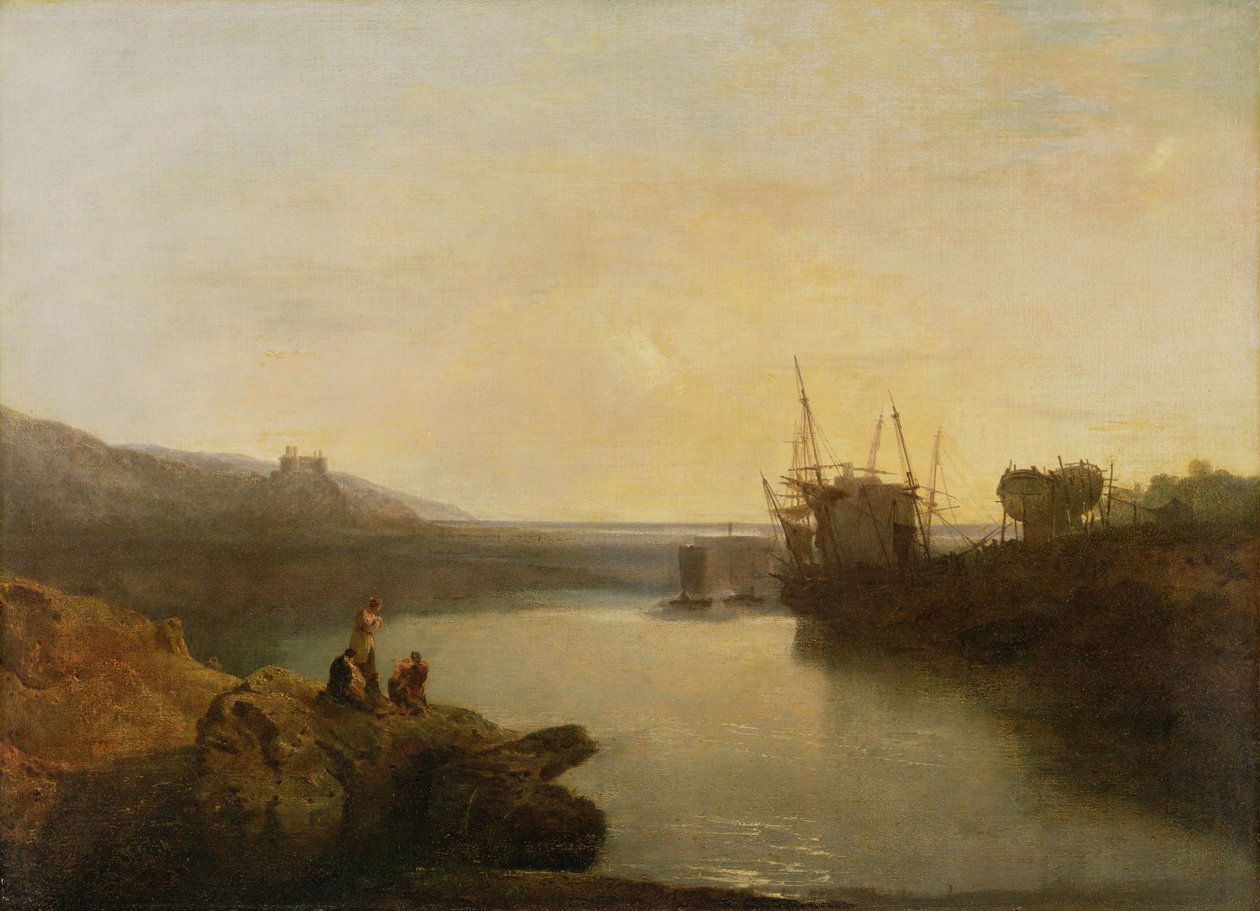 Zamek Harlech, z promu Twgwyn, letni wieczorny zmierzch autorstwa Joseph Mallord William Turner
