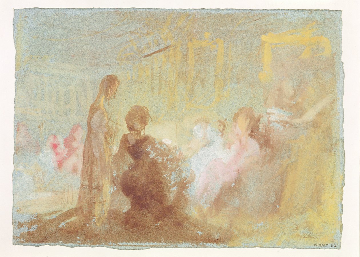 Wnętrze w Petworth House z ludźmi w rozmowie, 1830 (gwasz) autorstwa Joseph Mallord William Turner