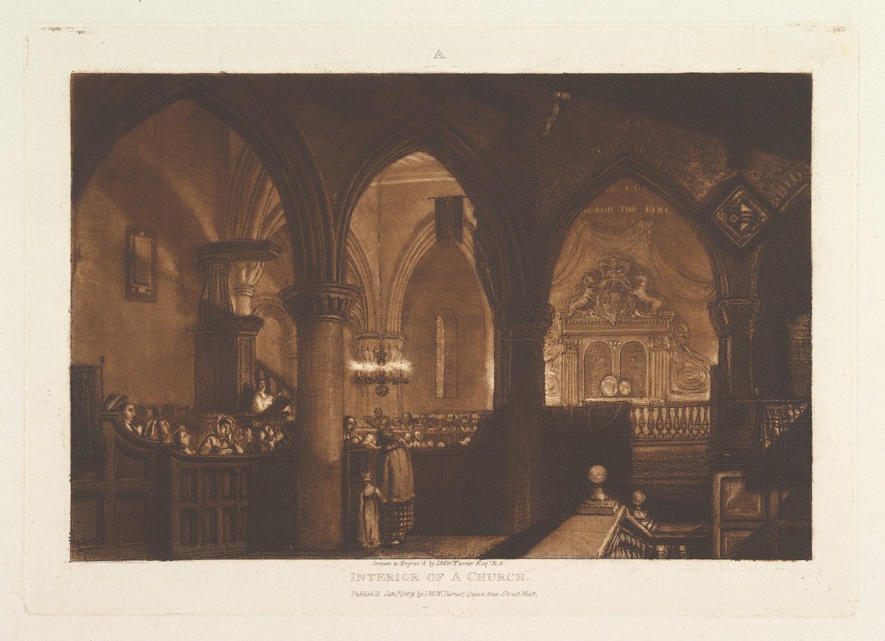 Wnętrze kościoła Liber Studiorum, cz. XIV, tablica 70, 1 stycznia 1819. autorstwa Joseph Mallord William Turner