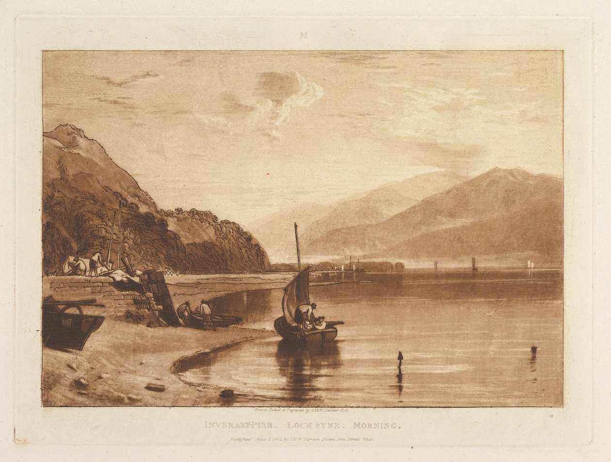 Molo w Inverary, Loch Fyne, poranek (Liber Studiorum, część VII, rycina 35) autorstwa Joseph Mallord William Turner