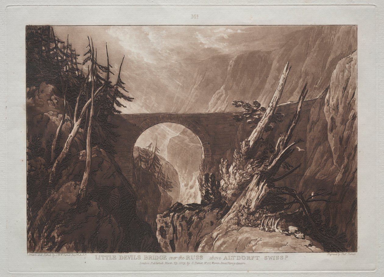 Liber Studiorum: Most Małych Diabłów nad Russ, nad Altdorft, Szwajcaria. autorstwa Joseph Mallord William Turner