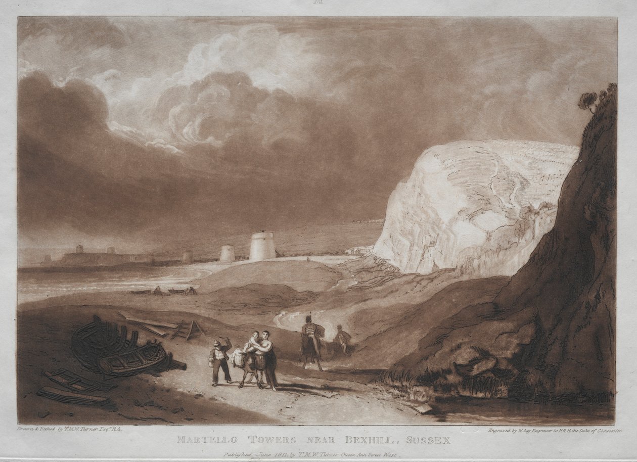 Liber Studiorum: Martello Towers, niedaleko Bexhill, Sussex. autorstwa Joseph Mallord William Turner