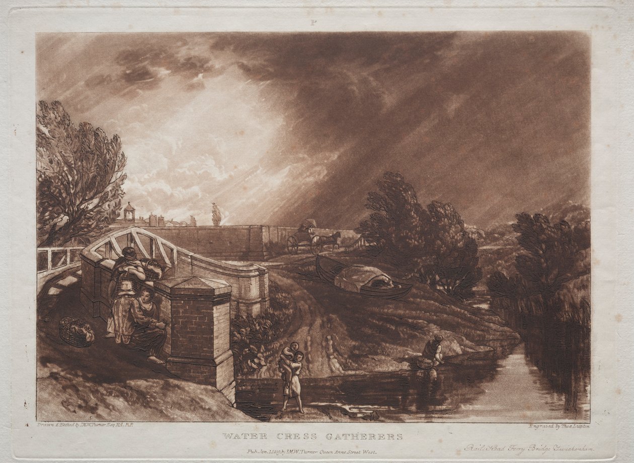 Liber Studiorum: Zbieracze rzeżuchy, Głowica torów, Most promowy, Twickenham. autorstwa Joseph Mallord William Turner
