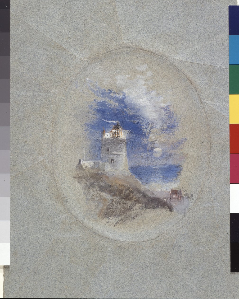 Latarnia morska Lowestoffe (gwasz na niebieskim papierze) autorstwa Joseph Mallord William Turner