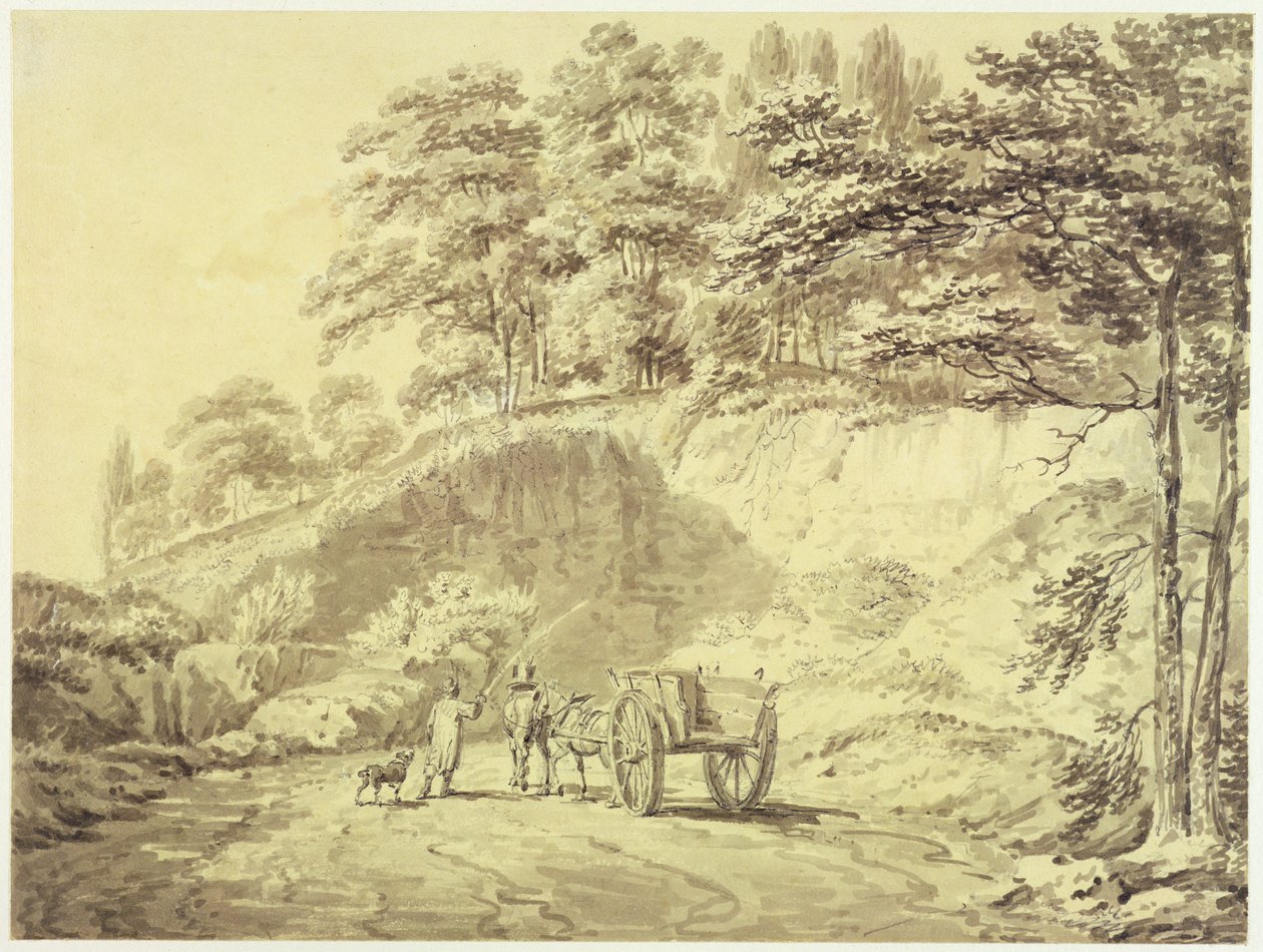 Mężczyzna z koniem i wozem wjeżdżający do kamieniołomu, ok. 1797 (grafitowy i szary pranie na papierze) autorstwa Joseph Mallord William Turner