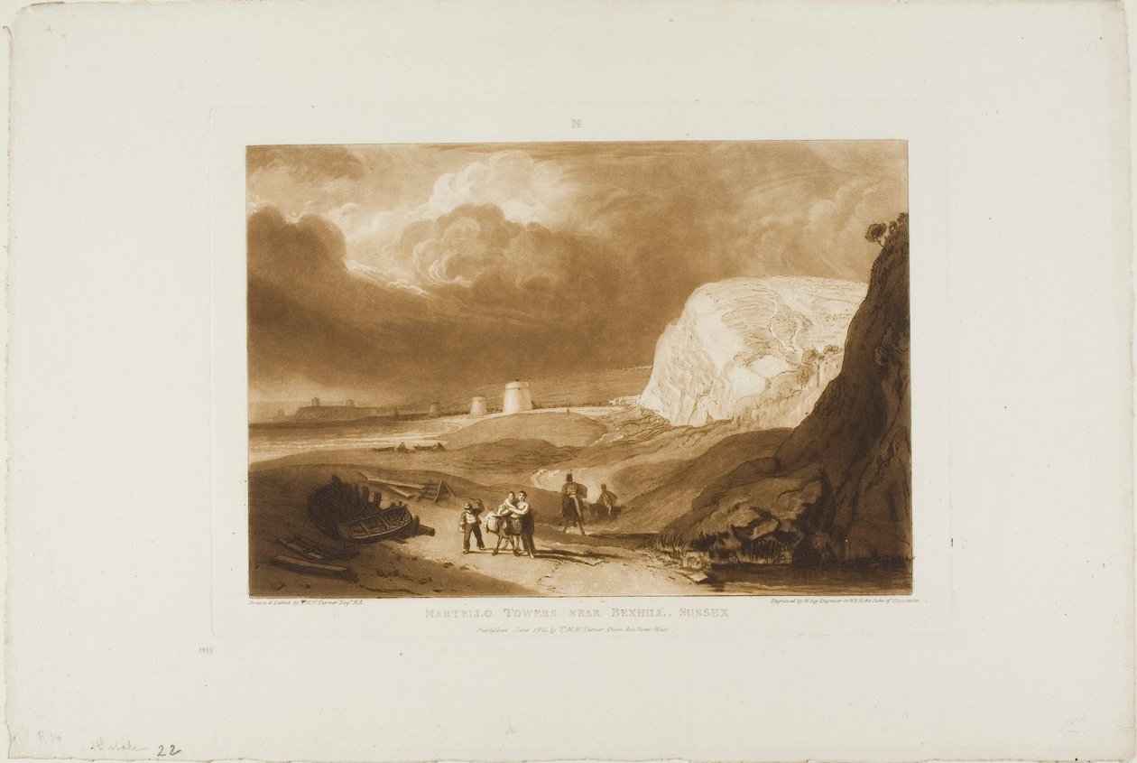 Martello Towers w pobliżu Bexhill, Sussex, płyta 34 z Liber Studiorum autorstwa Joseph Mallord William Turner
