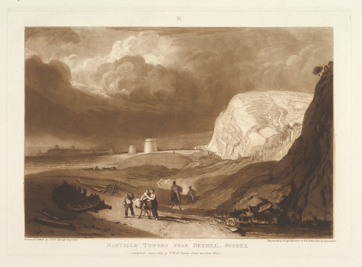 Martello Towers koło Bexhill, Sussex Liber Studiorum, część VII, płyta 34, czerwiec 1811. autorstwa Joseph Mallord William Turner