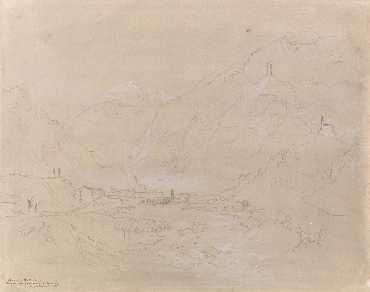 Pejzaż górski z miastem w dolinie, ok. 1840 (grafitowo-szary wash na papierze) autorstwa Joseph Mallord William Turner