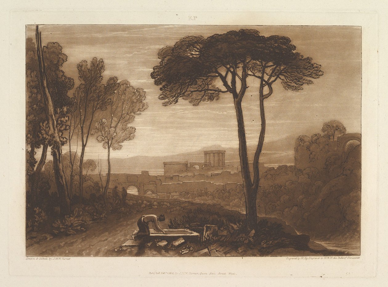 Scena w Campagna Liber Studiorum, cz. VIII, tablica 38, 1 lutego 1812 r. autorstwa Joseph Mallord William Turner