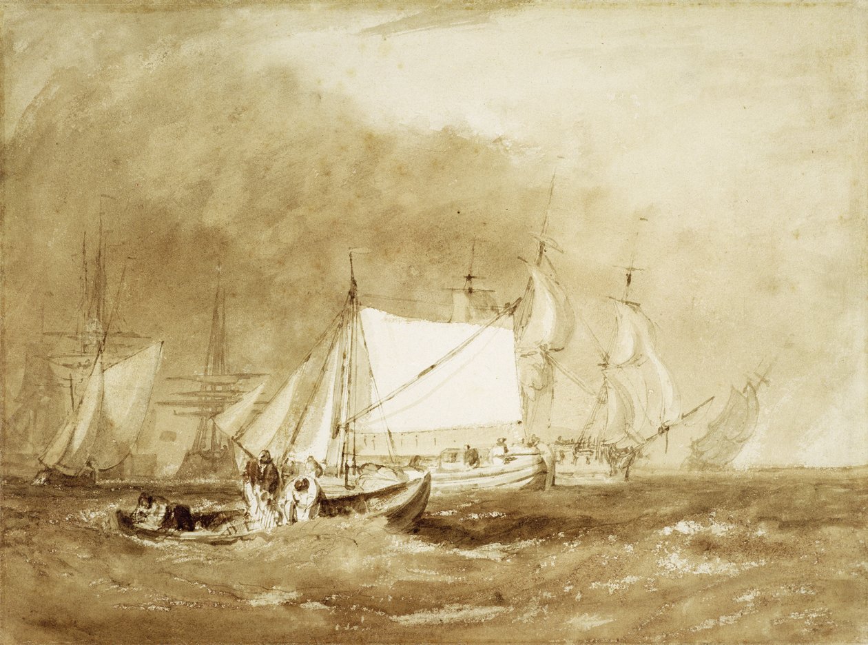 Scena na statku, z rybakami, ok. 1815-20 (pędzel i brązowy tusz na papierze) autorstwa Joseph Mallord William Turner