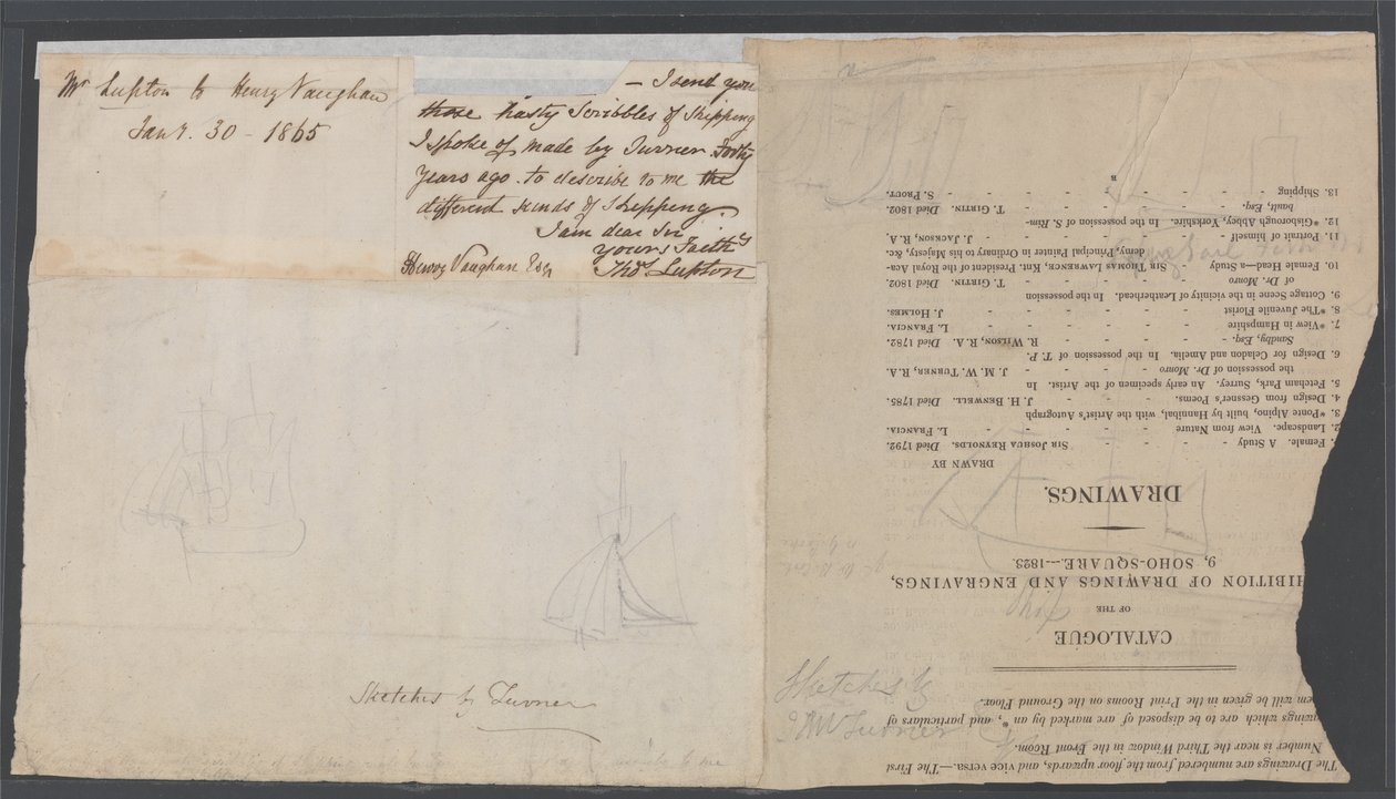 Szkic dwóch statków na stronie katalogu, ok. 1823 r. autorstwa Joseph Mallord William Turner