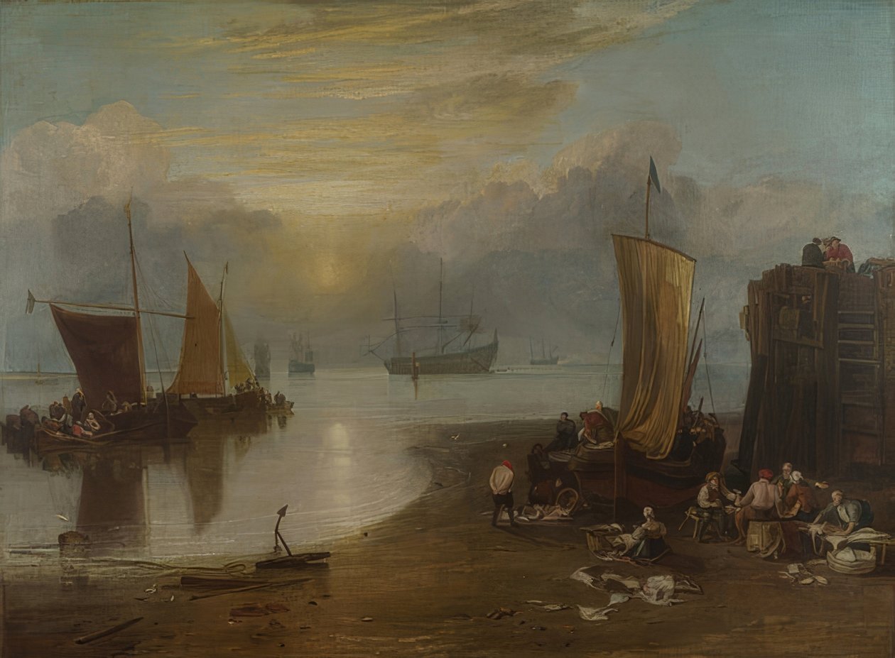 Wschód słońca we mgle. Rybacy patroszą i sprzedają ryby. przed 1807 r. autorstwa Joseph Mallord William Turner