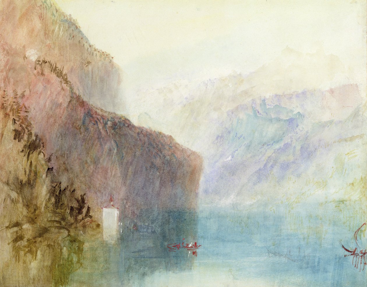 Kaplica Tella, Jezioro Czterech Kantonów, ok. 1841 (akwarela z długopisem na papierze) autorstwa Joseph Mallord William Turner