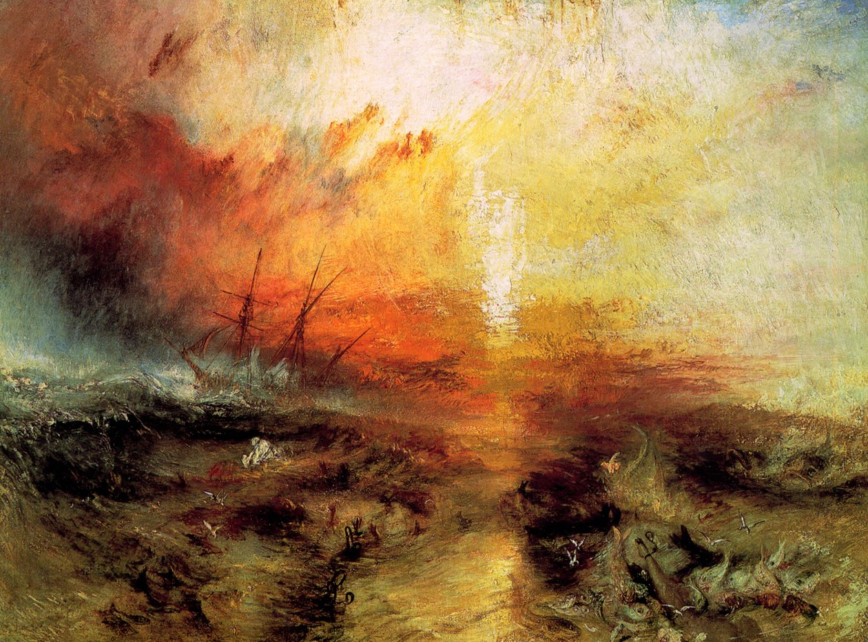 Łowcy niewolników wyrzucający za burtę umarłych i umierających, Typhon Coming On, 1840. autorstwa Joseph Mallord William Turner