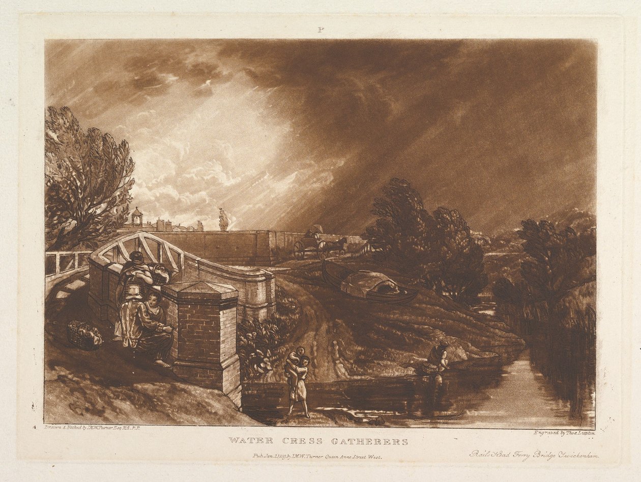 Zbieracze rzeżuchy wodnej, most promowy na czele torów, Twickenham Liber Studiorum, pa…, 1 stycznia 1819 r. autorstwa Joseph Mallord William Turner