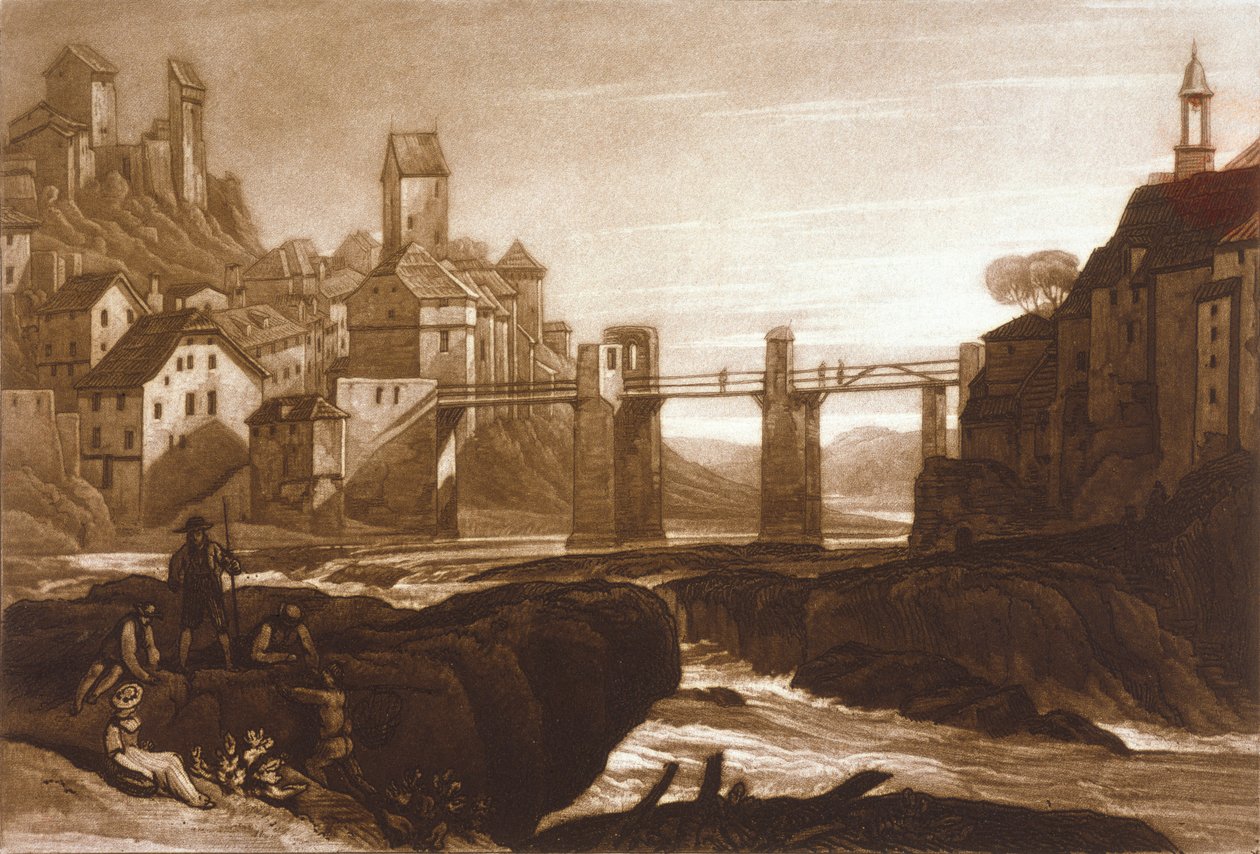 F.31.I Lauffenbourgh nad Renem, z Liber Studiorum, ryty T. Hodgetts, 1811 autorstwa after Joseph Mallord William Turner