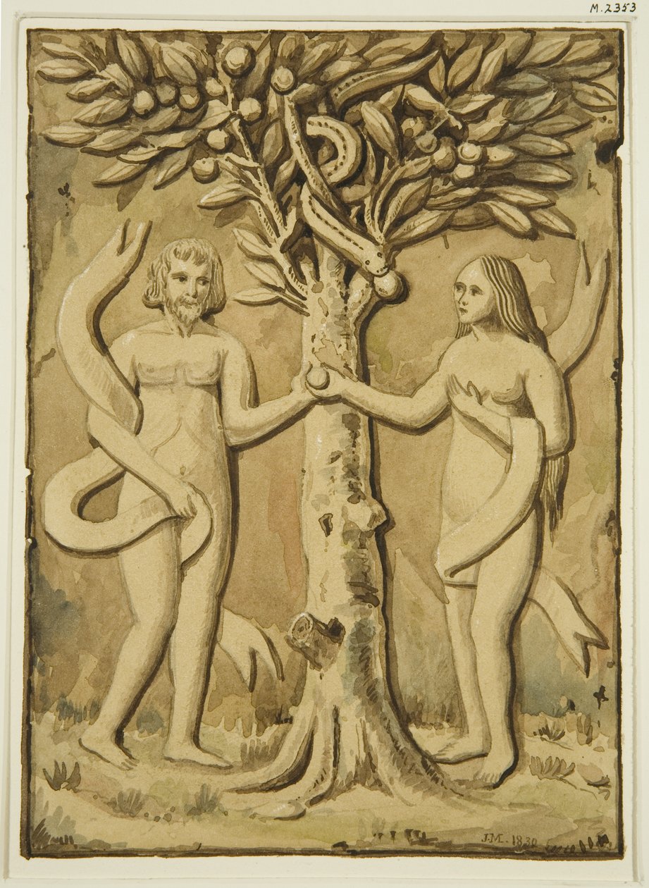 Rzeźba Adam i Ewa w drewnie (akwarela na papierze) autorstwa Joseph Manning