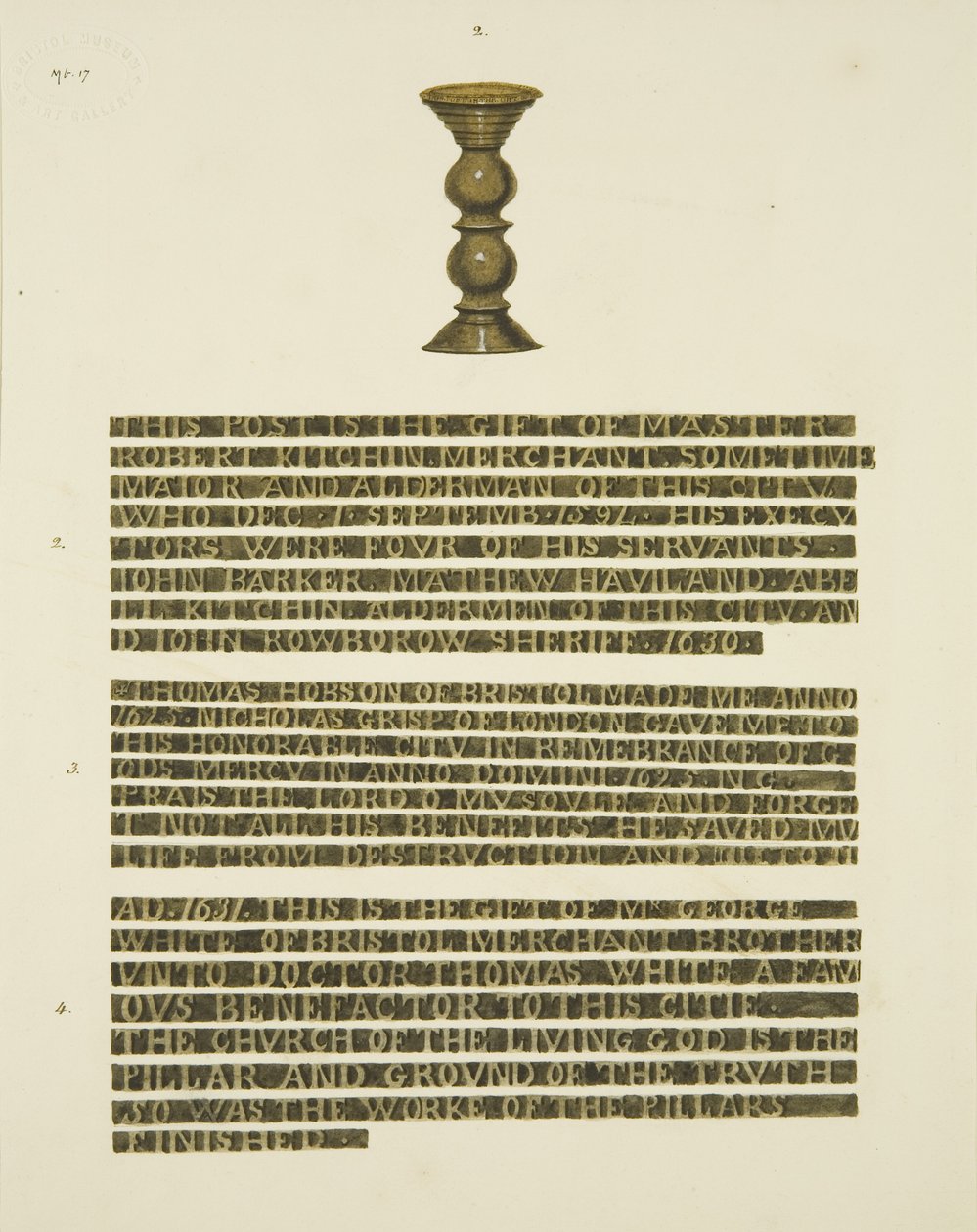 Kolumna z brązu (Gwoździe) nr 2, z napisami nr 2, 3 i 4 (ołówek i akwarela na papierze) autorstwa Joseph Manning
