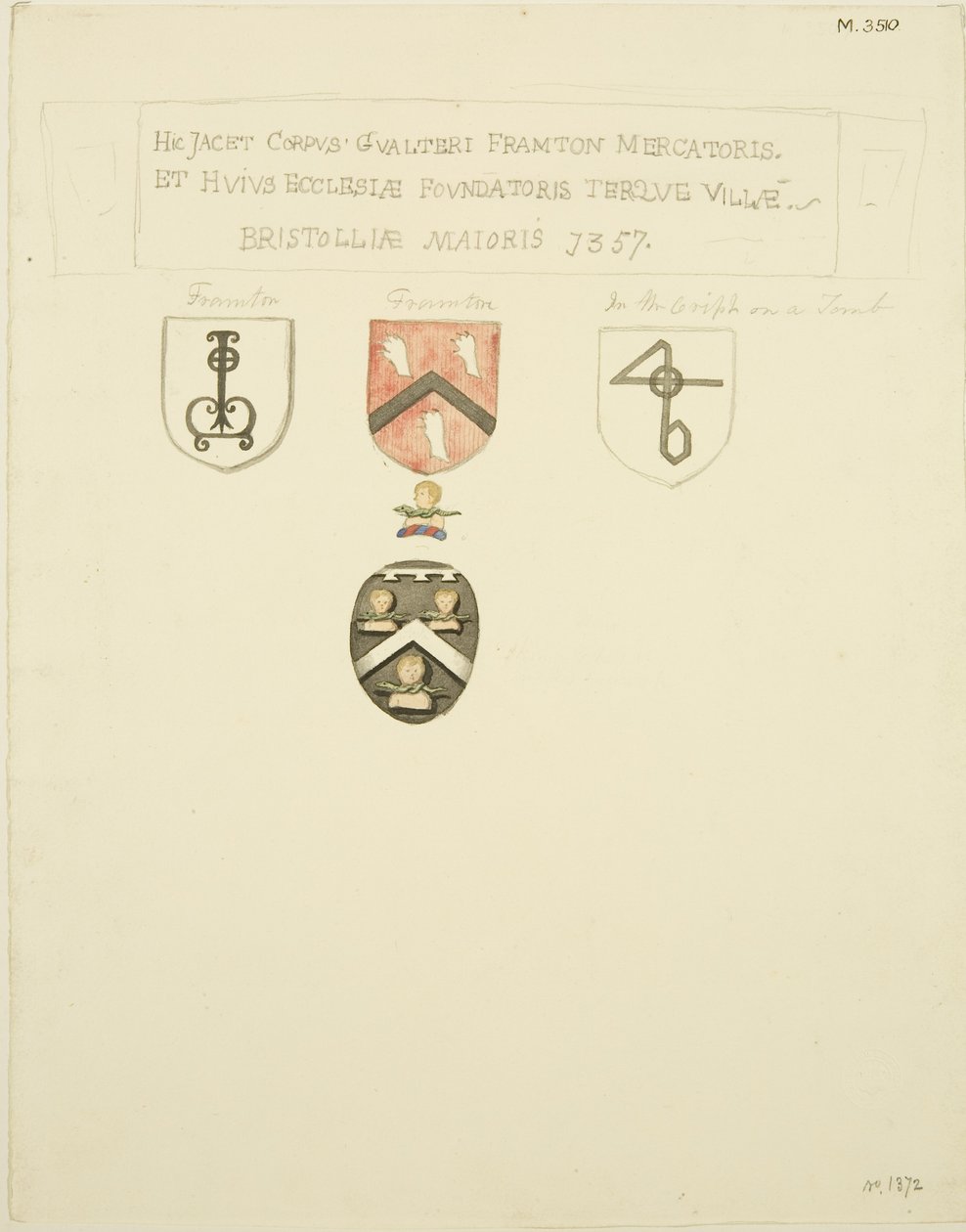 Herby na grobie Framptona [Frampton] 1357 (ołówek i akwarela na papierze) autorstwa Joseph Manning