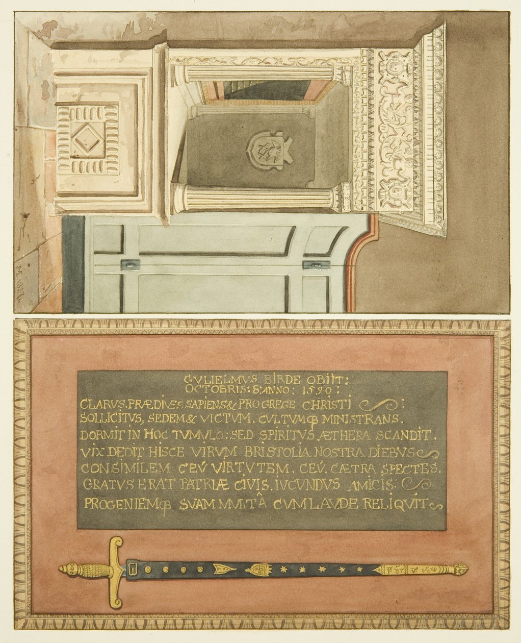 Koniec pomnika Williama Birda w kościele św. Marka z napisem i obrazem miecza magisterium (akwarela na papierze) autorstwa Joseph Manning