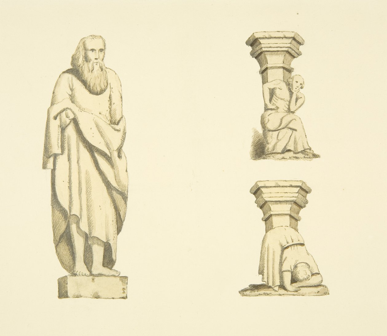 Figura i dwie kratownice w niszach wieży St Mary Redcliffe (akwarela na papierze) autorstwa Joseph Manning
