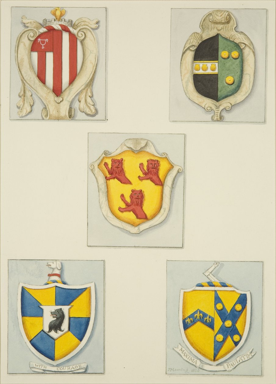 Pięć herbów z pomników w Temple Church (akwarela na papierze) autorstwa Joseph Manning
