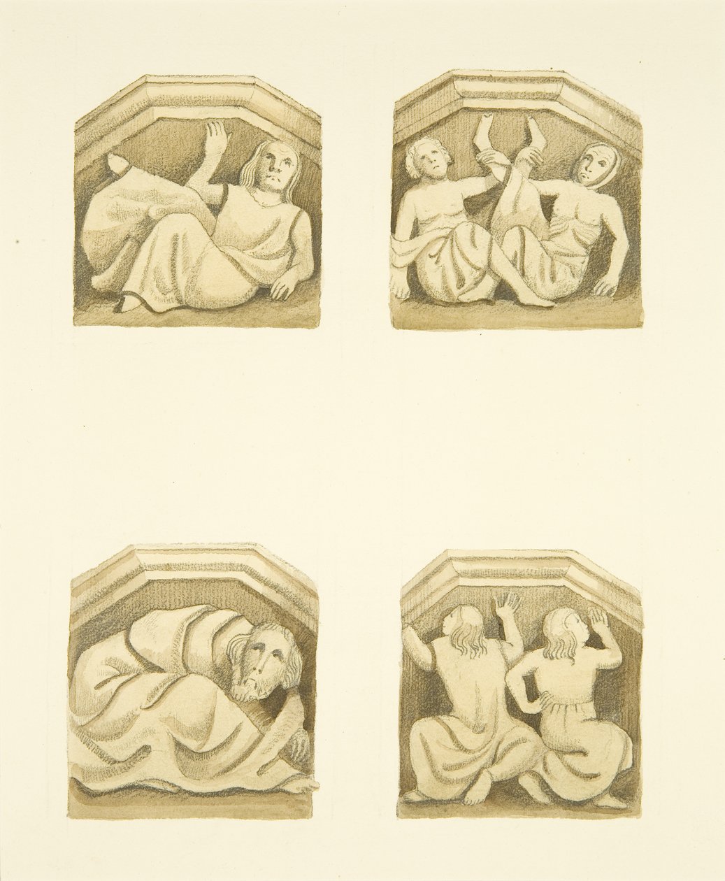 Cztery kratownice w ganku północnym (pierwotnie podtrzymujące posągi) St Mary Redcliffe (akwarela na papierze) autorstwa Joseph Manning