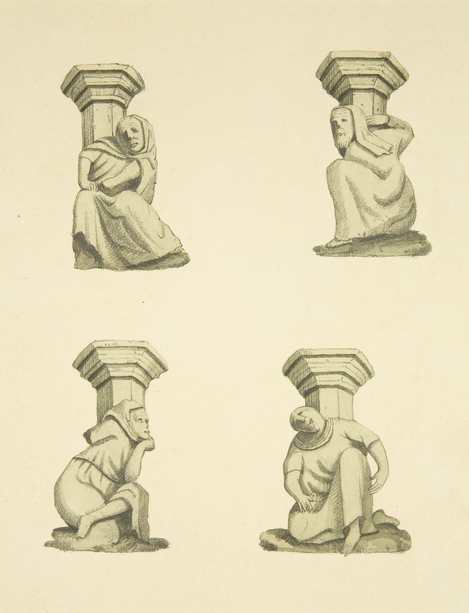 Cztery kratownice na wieży (pierwotnie podtrzymujące posągi) St Mary Redcliffe (akwarela na papierze) autorstwa Joseph Manning