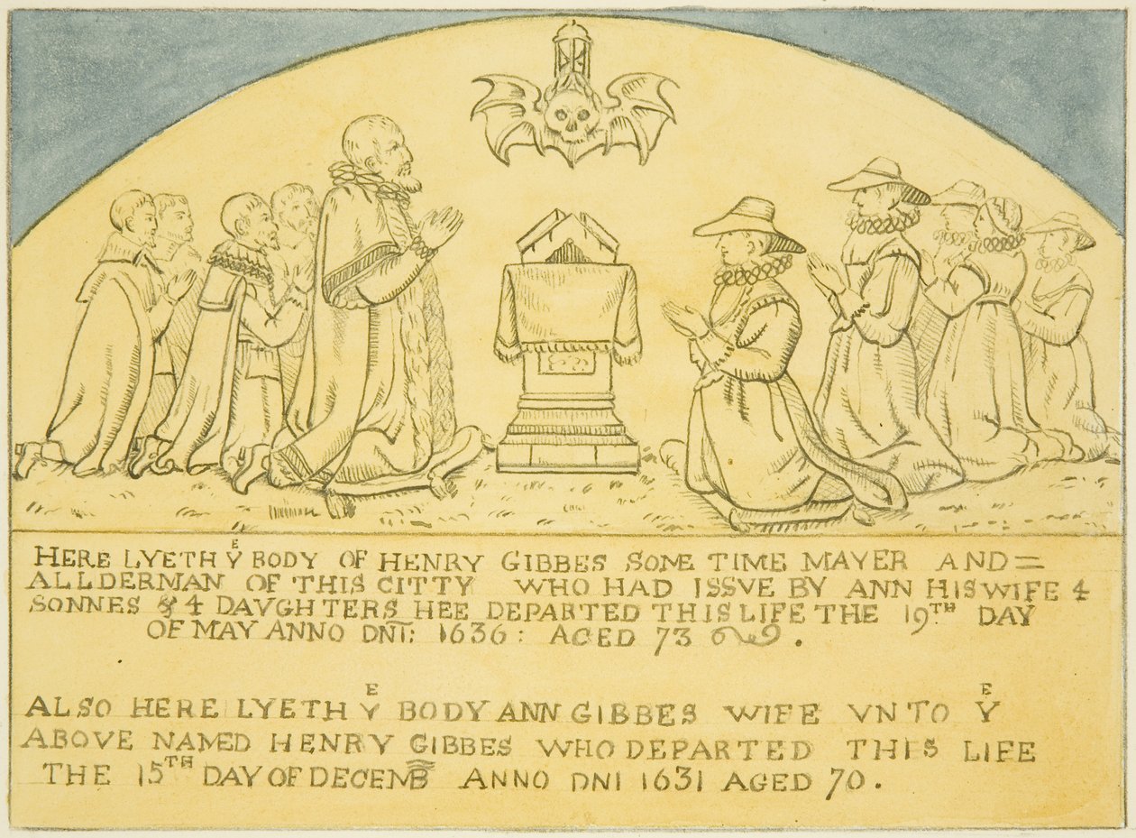 Mosiądz Gibbesa przymocowany do ściany w pobliżu południowych drzwi kościoła św. Jakuba (ołówek i akwarela na papierze) autorstwa Joseph Manning