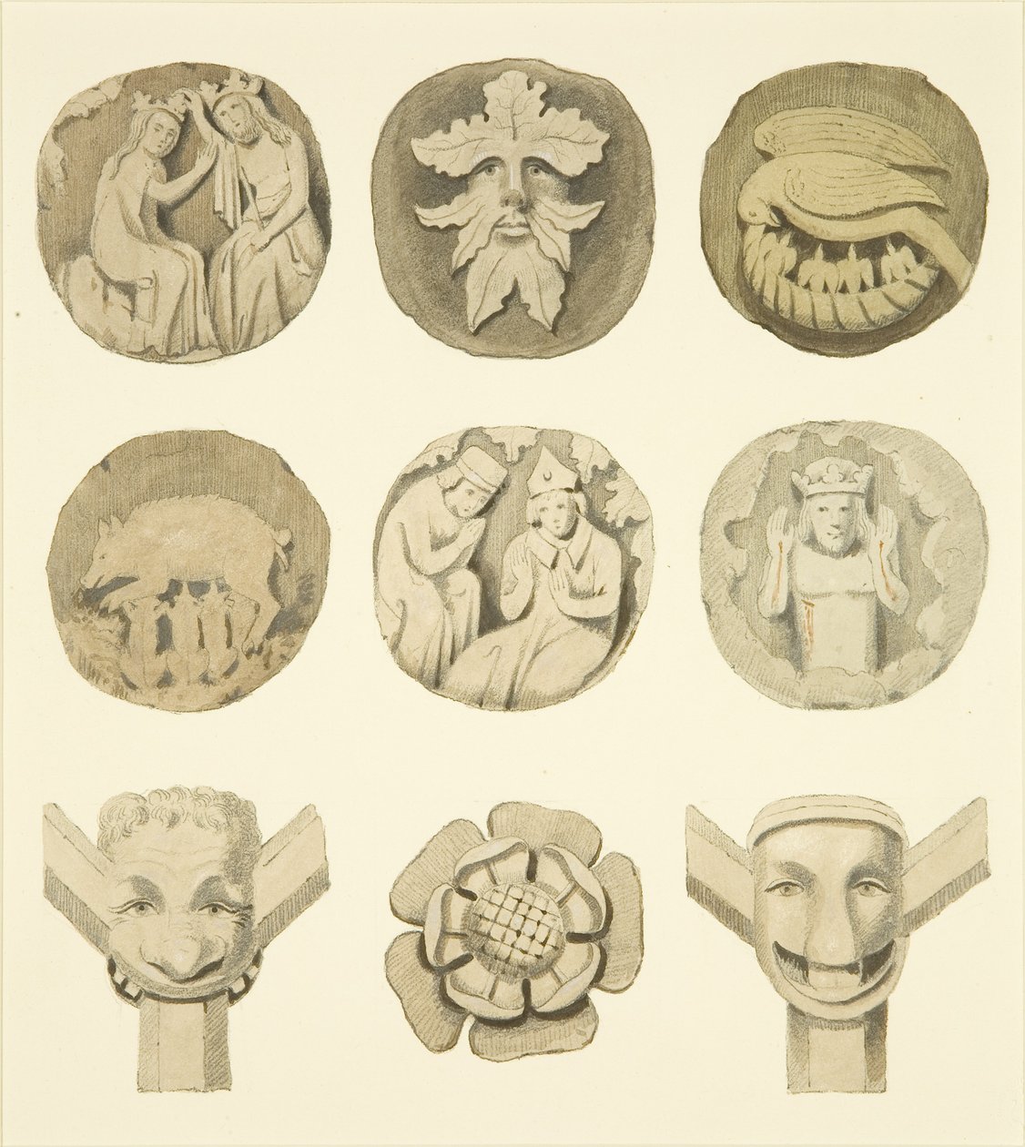 Kamienie pachwinowe (bossowie) w suficie kościoła w Redcliffe (akwarela na papierze) autorstwa Joseph Manning
