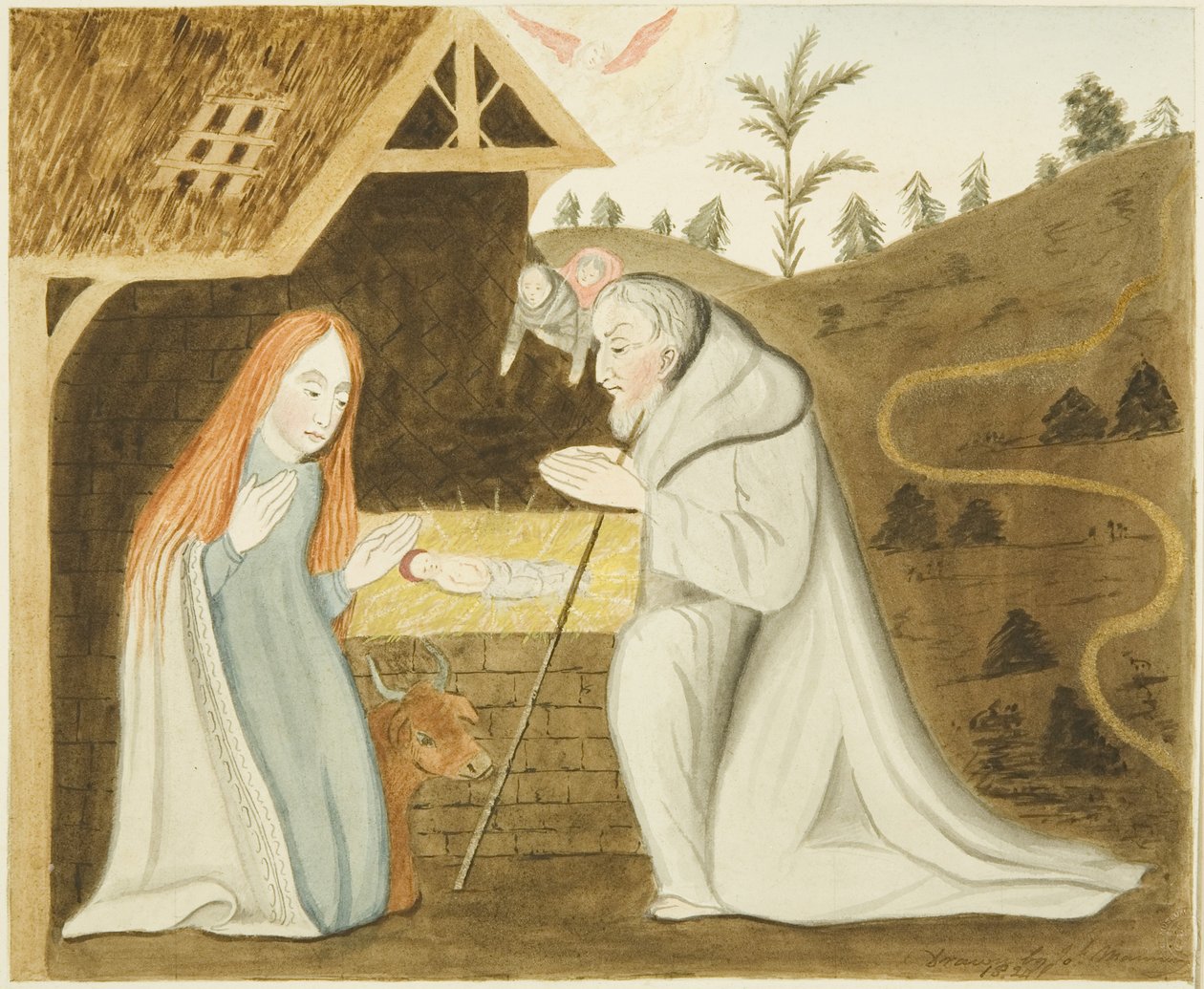 Obraz w kamieniu znaleziony w konfesjonale w nawie północnej kościoła św. Marka, przedstawiający szopkę (akwarela na papierze) autorstwa Joseph Manning