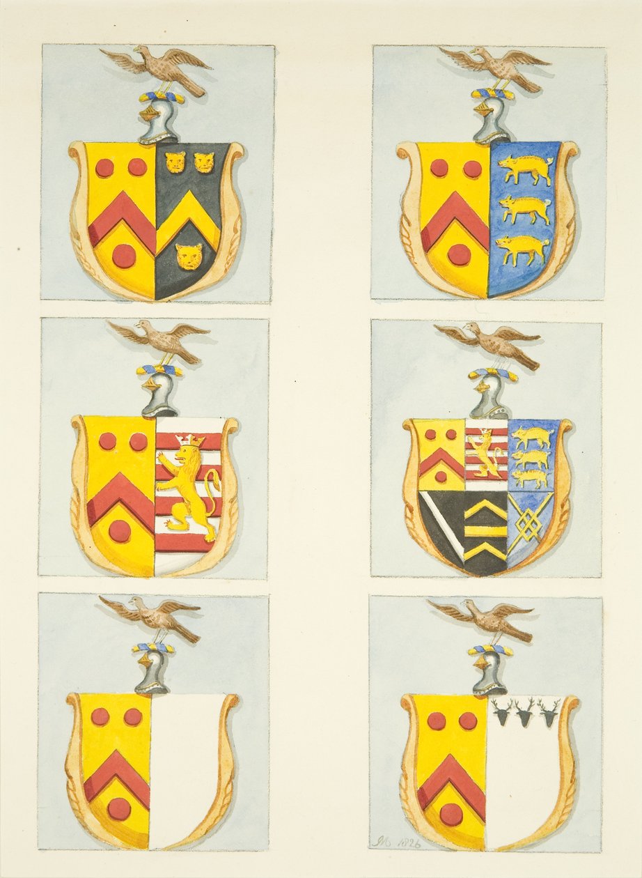 Sześć herbów w witrażach w nawie północnej i południowej (koniec wschodni) katedry w Bristolu (akwarela na papierze) autorstwa Joseph Manning