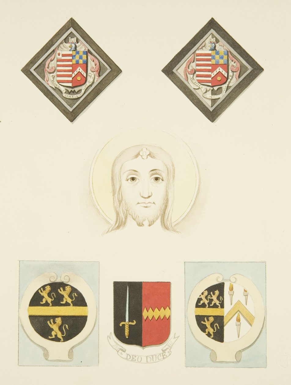 Witraże, rozety i herby w kościele św. Piotra (akwarela na papierze) autorstwa Joseph Manning